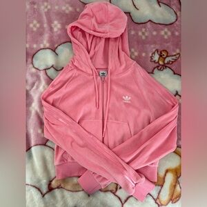 Adidas pink velour cropped hoodie